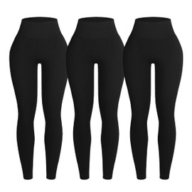 OVESPORT 3 Piece Ribbed Seamless Leggings for Women High Waist Workout Gym Athletic Yoga Pants Black/Black/Black