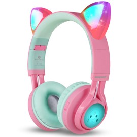 Riwbox CT-7 Cat Ear Bluetooth Headphones, LED Light Up Bluetooth Wireless Over Ear Headphones with Microphone and Volume Control for Travel/School/Smartphones/Laptop/PC/TV (Pink&Green)
