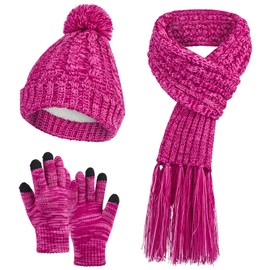 Women's Warm Beanie Hat 3 in 1 Warm Long Scarf and Touchscreen Glove Set MissShorthair 3 Pieces Winter Thick Chunky Women Knitted Pom Cap for Cold Weather,Fuchsia