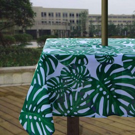Melaluxe Spring/Summer Wrinkle-Free Waterproof Outdoor Tablecloth with Umbrella Hole and Zipper, Green Leaves, 60 Inch Square