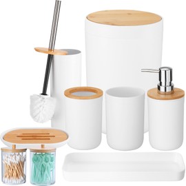 iMucci Bathroom Accessories Set with Trash Can,Toilet Brush,Toothbrush Holder, Lotion Soap Dispenser, Soap Dish,Toothbrush Cup,Qtip Holder(8Pcs White Bamboo Cover)