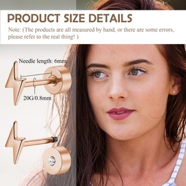 ZDE Titanium Women Flatback Earrings Celestial Lightning Bolt Stud Earrings 5mm Flat Back CZ Earrings Hypoallergenic Cartilage Flatback Earring Tragus Helix Tragus Conch Piercing, 5mm, Titanium, No