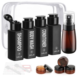 Decorniqu Travel Bottles for Toiletries 14PCS 3.4oz Pre-Printed Shampoo, Conditioner, Body Wash TSA Approved 2oz Travel Spray Bottle Leak Proof Plastic Cream Jars Refillable Lotion Containers(Black)