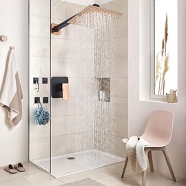 LCEVCGK Shower Faucet Set Bathroom Matte Black and Rose Gold Rainfall Shower System Wall Mount with 8 Inch Square Shower Head, Single Function Shower Trim Kit with Rough-in Valve