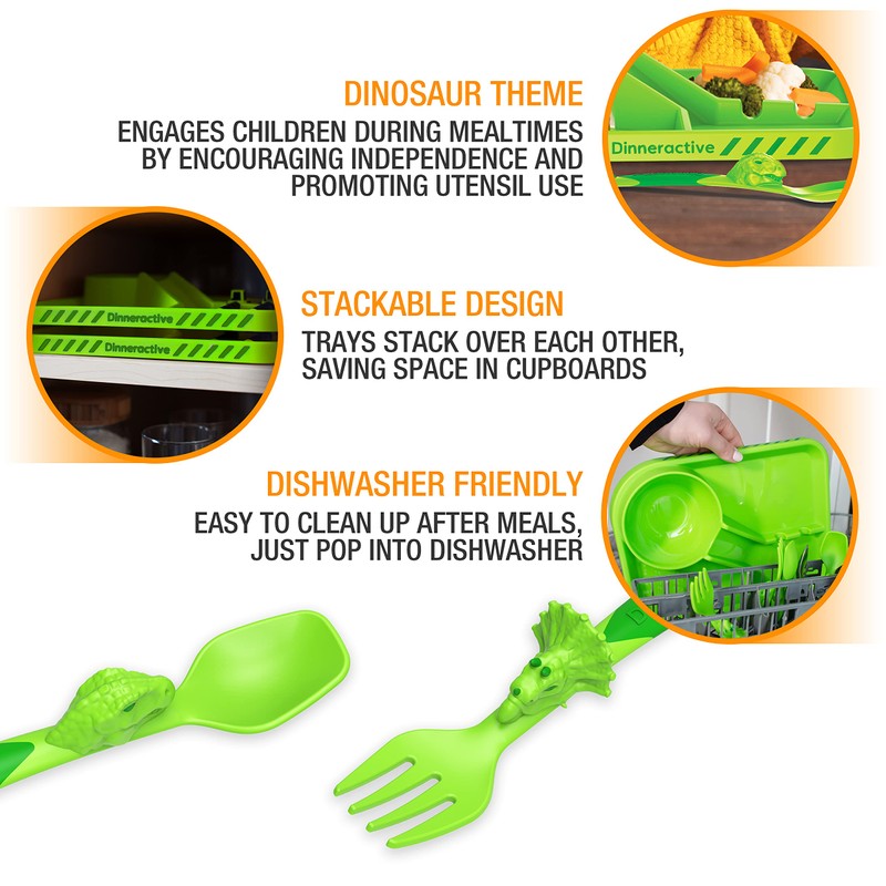 Dinneractive Dining Set for Kids - 3PC Green Dinosaur Dinnerware