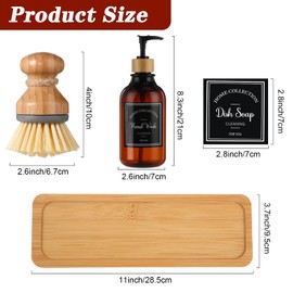 Zopeal 4 Pcs Kitchen Soap Dispenser Set 16 oz Dish Soap Dispenser with Bamboo Tray and Dish Brush Plastic Soap Dispenser Set with Waterproof Labels for Hand Soap Dish Lotion (Brown)