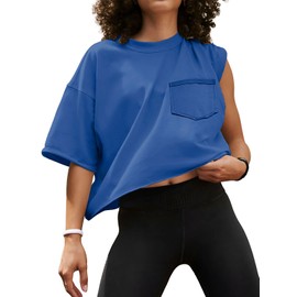 ATHMILE Womens Oversized T-Shirts Short Sleeve Workout Crop Tops Casual Drop Shoulder Boxy Roll Hem Basic Loose Tees Blue