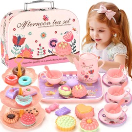 Kids Tea Party Set for Little Girls Birthday Gift Toys for 3-8 Year Old Girls Flowerrs Cute Princess Play Toddlers Tin Tea Set Pretend Toys with Desserts, Flower Teapot, and Carrying Case