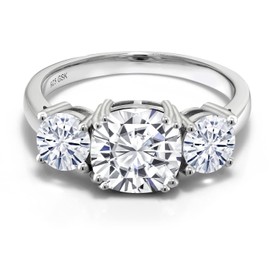 Gem Stone King 3.40 Cttw White Moissanite 3-Stone Engagement Ring For Women | 925 Sterling Silver | Cushion 8MM | 3 Stone Wedding Engagement Anniversary Promise Ring For Women (Size 5)