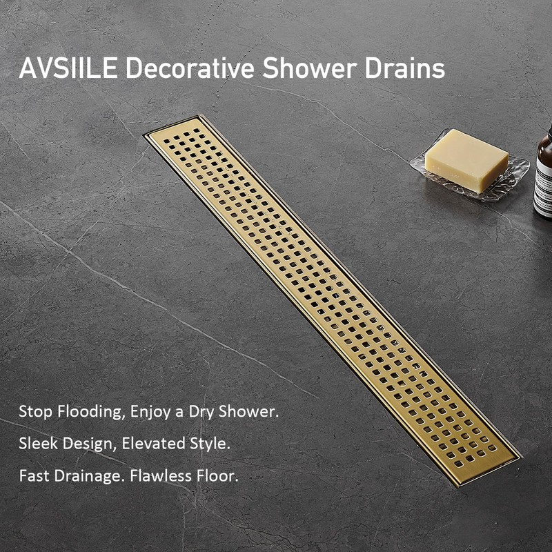 AVSIILE Linear Shower Floor Drain, Brushed Gold 24 Inch 304