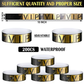 200 Pack VIP Wristbands for Events VIP Bracelets Paper Wrist Bands Waterproof VIP Party Wristbands for Events Amusement Parks Concerts Fairs Festivals, 0.79 x 10 Inch(Gold)