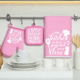 Sratte 6 Pcs Kitchen Decor Accessories Set Farmhouse Towels Pot Holders Oven Mitts Set 2 Dish Towels 2 Potholders 2 Cooking Mittens Oven Glove for Baking Cooking Supply(Pink,Baking)