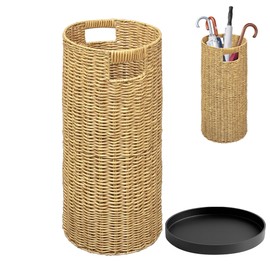 Verssure Rattan Umbrella Holder 20.8" H X 10" D,Handmade Wicker Umbrella Stand Indoor with Dip Tray,Sturdy Umbrella Holders for Entryway,Umbrella Bucket Fits Mudroom,Walking Canes,Home,Office (Oak)