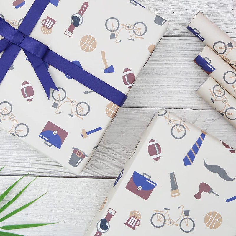 Fathers Day Gift Wrap Wrapping Paper with Ribbon and Stickers,