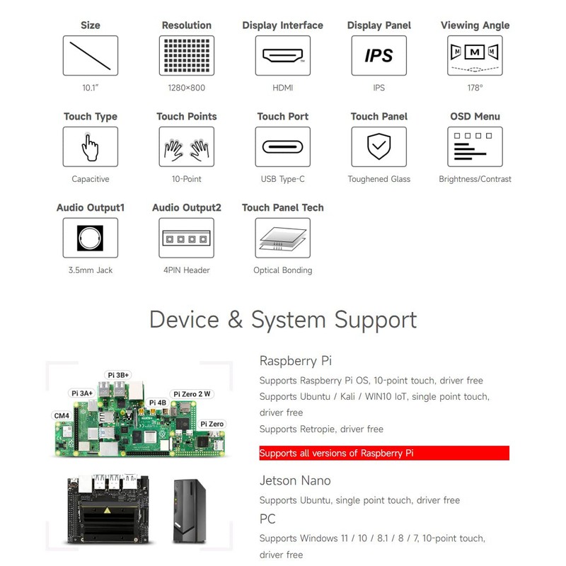 Waveshare 10.1inch Capacitive Touch LCD IPS Display, Without Back Case,
