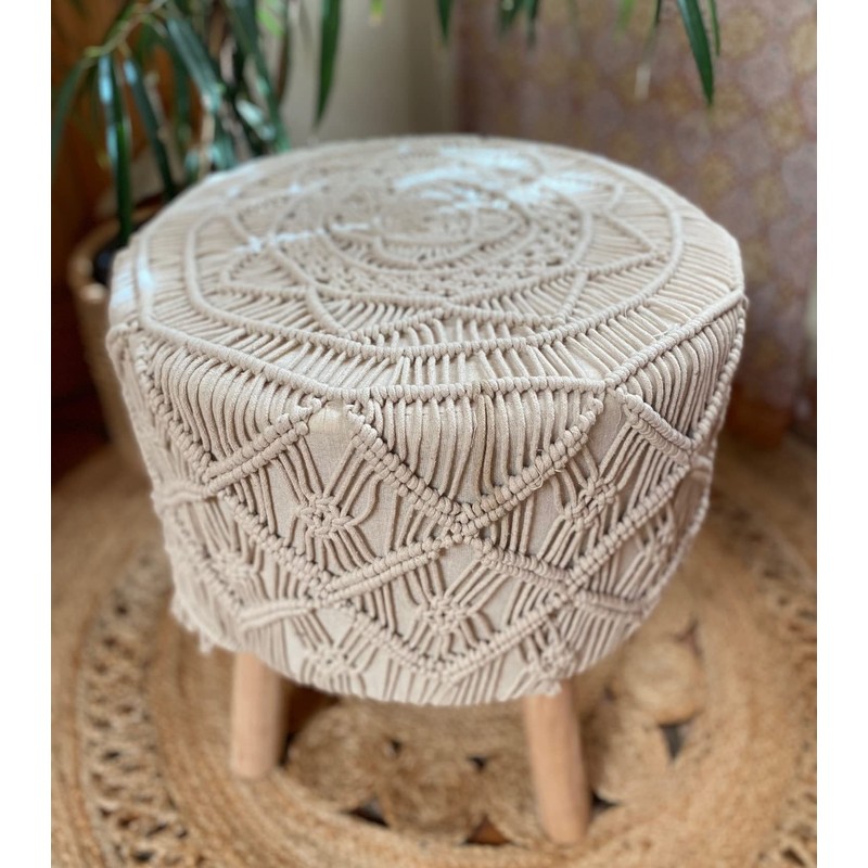 GURU SHOP Macrame Stool, Natural Boho Stool - Model 2,