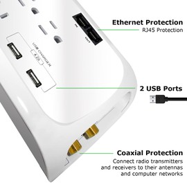 Digital Energy 12 Outlet 4200 Joules Surge Protector Power Strip with 2 USB (4.2A) Ports, 6 Foot 14/3 AWG Cord, Coax/Phone/Ethernet Protection, 6 Wide Spaced Outlets,White