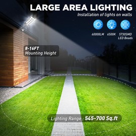Solar Street Lights Outdoor Waterproof, 60000LM LED Solar Lights Outdoor Dusk to Dawn w 12000mAh Battery, 6500K Solar Flood Security Light Motion Sensor with 65FT Remote & Metal Light Bracket , 2 Pack