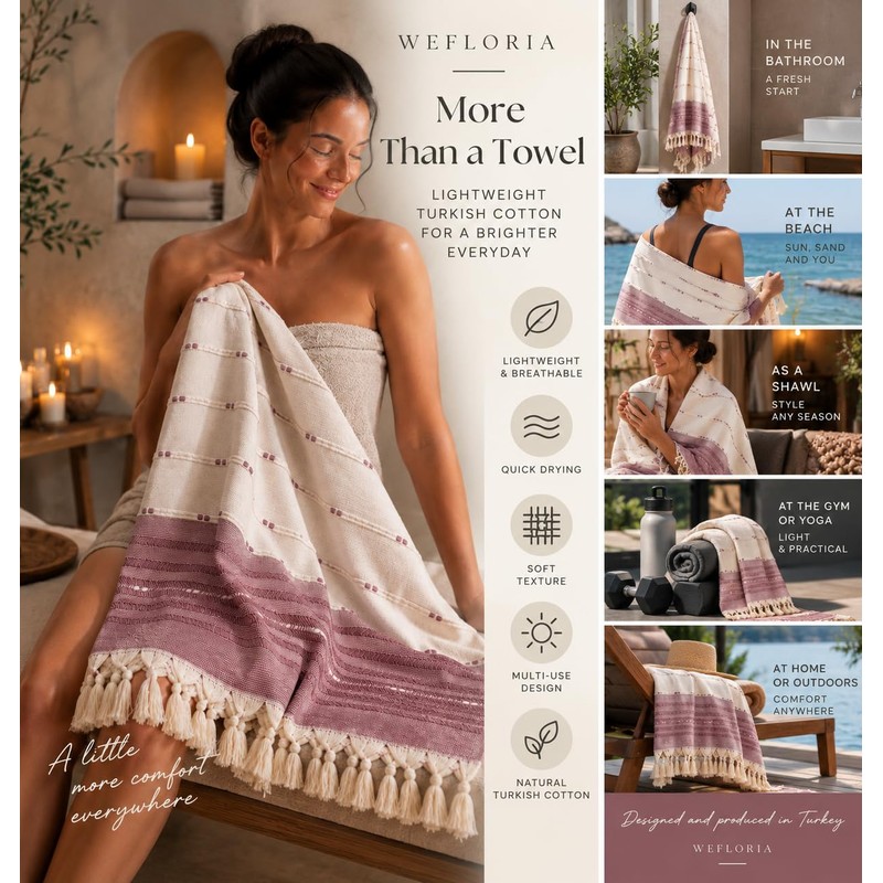 WEFLORIA Turkish Peshtemal Towel – 100% Cotton, Lightweight & Quick