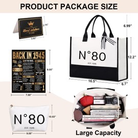 Lamyba - Regalos de 80 cumpleaños para ella, decoraciones de cumpleaños de los 80 para mujeres, esposa, mamá, amigas, hermana, bolsa de mano no 80 y bolsa de cosméticos y póster en 1945