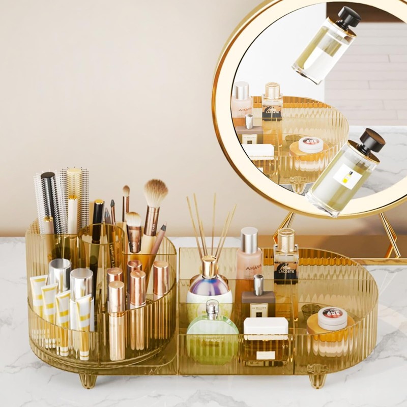 Rotating Makeup Organizer for Vanity with Brush Holder, Cosmetic Makeup