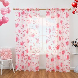 Karseteli Valentine's Day Sheer Curtains for Living Room, Lovers Red Heart Roses Sheer Curtains, Rod Pocket Window Drapes Decorations for Bedroom and Home Decor, 2 Panels Red 52W x 63L