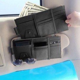 2 Packs Car Sun Visor Organizer,Pocket Storage Pouch Holder for Car PU Leather Universal Truck SUV with Multi-Pocket Net Zipper Case Bag for Sunglasses, Documents,Cards,Pen,Drivers License (Black)