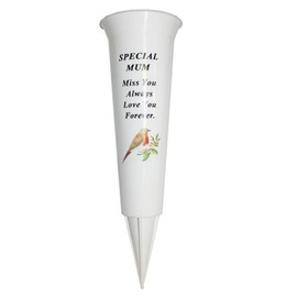 Memorial Grave Flower Pot - 33cm tall Sturdy White Memorial Graveside Flower Vase with Spike and Robin Image (Special Mum 8712)
