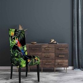 Numland 1 Pack Watercolor Scarlet Macaw Parrot Dining Room Chair Covers Tropical Jungle Bird Palm Tree Leaf Short Stretchable Polyester Removable Washable for home Restaurant Banquet