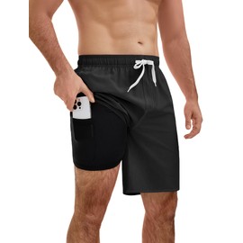 YnimioAOX Men’s Swim Trunks with Compression Liner 9 Inch Bathing Suits 2 in 1 Quick Dry Board Shorts with Pockets,Black,XL