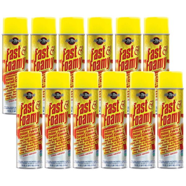 Fast & Foamy Carpet, Upholstery, Fabric, Velour Cleaner - Case of 12 (VOC Compliant 18oz Aerosol Can) by Hi-Tech