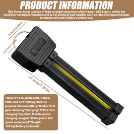 GOEDCH Gym Lamp for Posing: Portable Magnetic Led Flashlight mit Hanging Hook, Arbeitsleuchte mit 180-Grad-Faltung, Wasserdichte USB-Notlichter für den Außenbereich, 7-Stufige Dimmfunktion