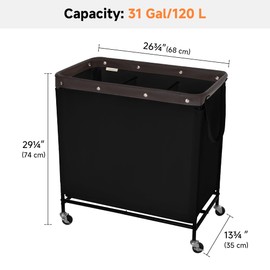 StorageWorks 120L Laundry Hamper with Wheels, 3-Section Rolling Laundry Cart, Laundry Room Cart, Dirty Clothes Basket for Hotels, Bathrooms, Dormitories, Black