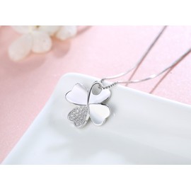 White Gold Plated Sterling Silver Four-Leaf Clover with Pave CZ Pendant Necklace For Women