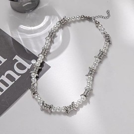 Gothic Thorns Pearl Choker Punk Hip Hop Necklace for Women Men Rock Stylish Chunky Pearls Beaded Goth Barbed Wire Chain Adjustable Collar Statement Necklaces Harajuku Streetwear Brambles Jewelry Gifts
