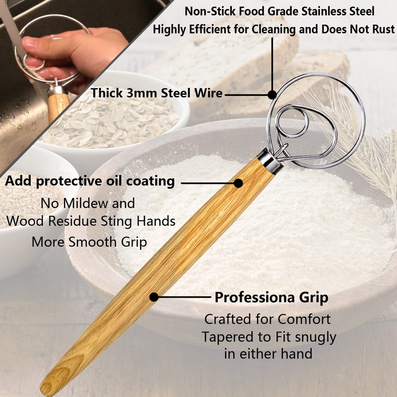 Danish Dough Whisk, Dutch Style Bread Whisk For Sourdough Cooking