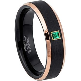 0.05ctw Solitaire Princess Cut Emerald Tungsten Ring - 6MM Brushed 2-Tone Rose Gold Tungsten Carbide Wedding Band - May Birthstone Ring - s9