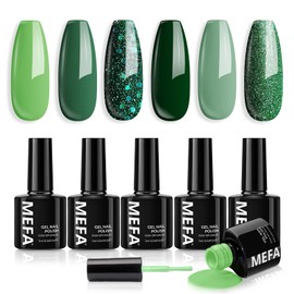 MEFA UV Nagellack, 6 Farben Grün Glitzer Farben 7 ML Soak Off UV LED Gel Nagellack Schellack Set für Gelnägel Nail Art Kit Maniküre Nageldesign Nägel Selber Machen