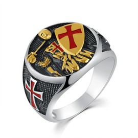 HZMAN Knights Templar Ring for Men Stainless Steel Medieval Red Cross Design Retro Ring Jewelry Gift (Size,9)