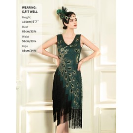 SWEETV Women's 1920s Vintage Peacock Flapper Dresses Sequin Beaded Fringed Gatsby Dress with Headband Green X-Large