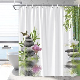 Zen Shower Curtain Green Bamboo Spa Garden Stone Meditation Japanese Lotus Flower Butterfly Simple Bathroom Decor Durable Polyester Fabric Curtains with Hooks 70x70In