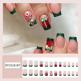 TBRZTR Green French Christmas Press on Nails Short Square Fake Nails Xmas Crutch Acrylic Nails Cute Xmas Gift Design Aritificial False Nails Full Cover Coffin Nails Glossy Glue on Nails for Women