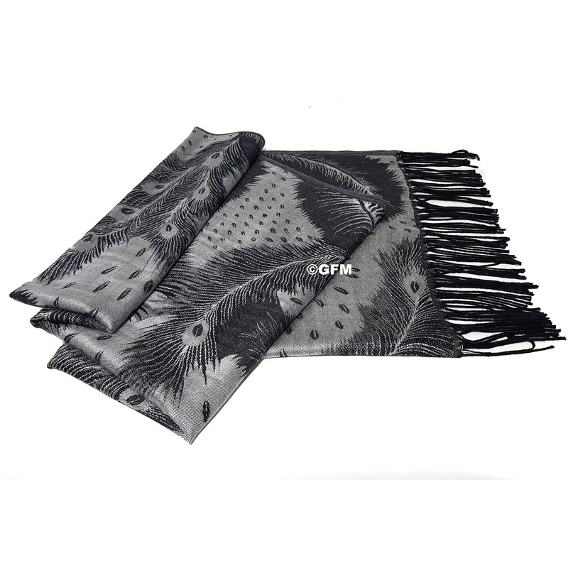 GFM® Pashmina Style Scarf in Peacock Feathers Design - Black