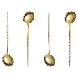 Stainless Steel Soup Spoon,Korean Dessert Spoon,Polka Dot Mixed Color Spoon for Home, Kitchen or Restaurant, Set of 4 Colour Polka Dot Soup Spoons, 8 Inches.