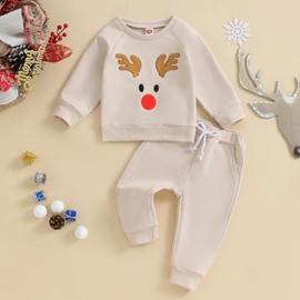 Toddler Baby Girl Boy Christmas Outfits 0 3 6 9 12 18 24Months 2t 3t Sweatshirt Elk Top+Long Pants Fall Clothes Set (Christmas Elk Costume Beige, 2-3 Years)