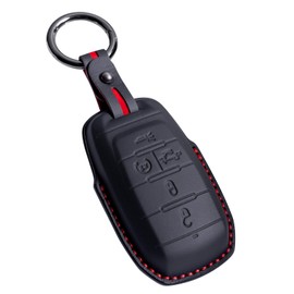 Genuine Leather Keyless Entry Remote Control Smart Key Case Cover with Leather Key Strap Compatible with Dodge RAM 1500,2500, 3500, 4500, 5500 2019 - 2025 Key Shell (Black, 5-Button)