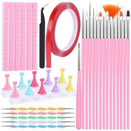 Nail Art Brush Tools Kit: 15 Pcs Nail Brushes 5 Pcs 2-way Dotting Tool 2x Stand Holder for Painting Nails and Press ons 96x Reusable Adhesive Putty and Tweezer Design Supplies Set for Women Salon Home