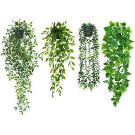 Hanging  4 Pack Artificial Hanging  Potted Greenery Faux Eucalyptus Mandala Vine Pea Pod Lvy Vine Leaves for Shelf Room Office Home Wall Indoor Outdoor Decor - Color: 4 pcs, Size: 1