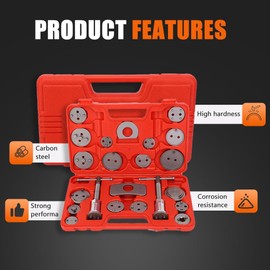TUTOOLS 22Pcs Brake Caliper Kit Brake Caliper Tool Disc Brake Caliper Tool Kit Heavy Duty Brake Caliper Compression Tool with 18 Disc Adapters for Brake Pad Replacement Reset (Red)