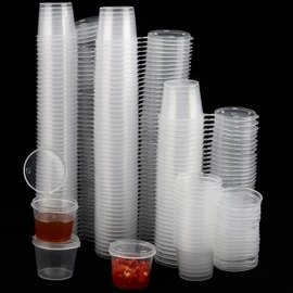 ZEONHEI 200 PCS 1oz Clear Round Hinged Pots, Sauce Pots with Lids, Plastic Mini Pots for Sauces Takeaway Sauce Tubs for Ketchup Dips Crafts Restaurants Packaging